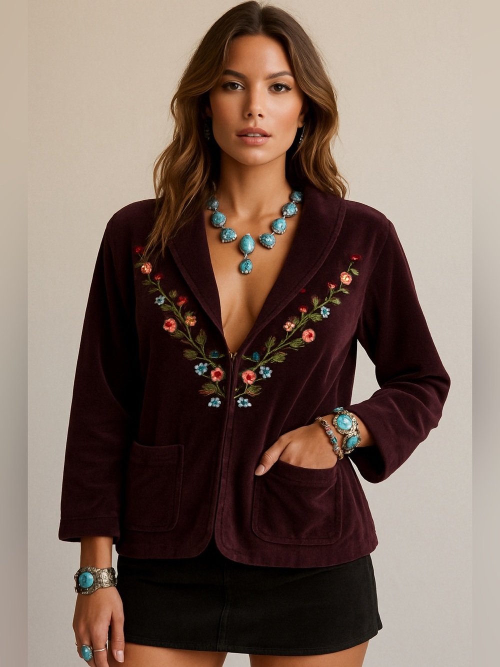 VTG Boho Embroidered Corduroy Shawl Collar Jacket Floral Cottagecore Prairie Y2K